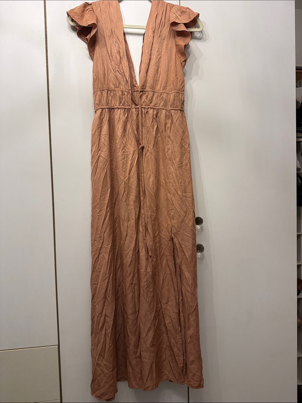 SHEIN Rust Pink Deep V Ruffle Sleeve Maxi Dress